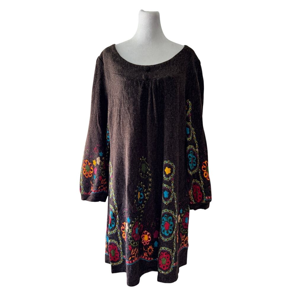 NWT Aryeh Brown Floral Print Scoop Neck Long Sleeve Midi Sweater Dress